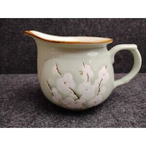 Nantucket Home Porcelain Creamer Pitcher Pale Green w Cherry Blossom Flowers MCM